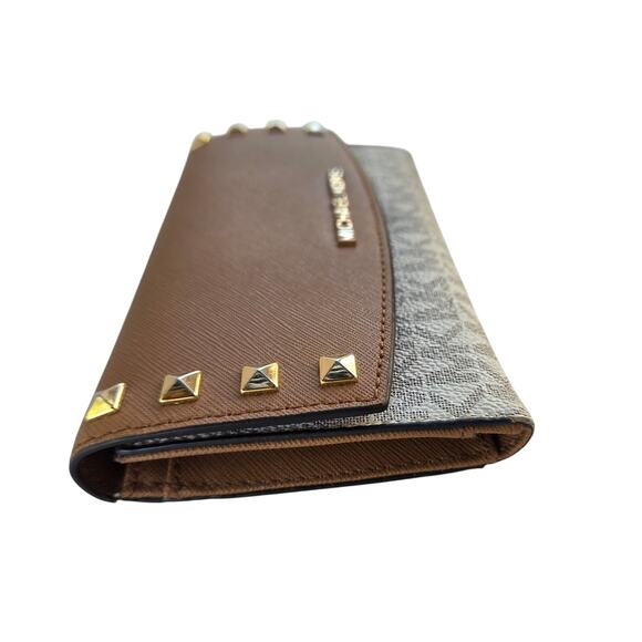 Michael Kors Studded Brown Signature Logo Wallet Gold Hardware Snap Closure - Picture 4 of 9